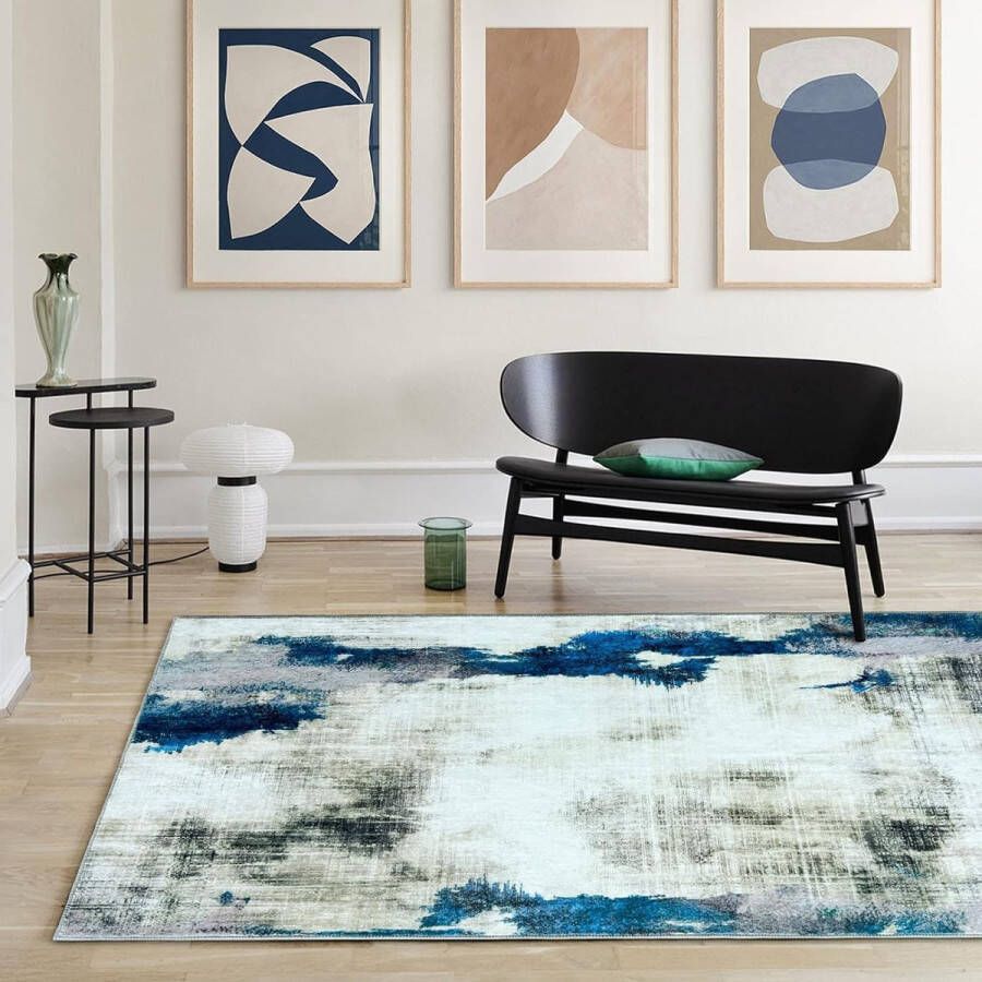 Vloerkleed voor de woonkamer blauw wasbaar tapijt 120 x 170 cm voor binnen en buiten laagpolig modern tapijt slaapkamer wasbaar groot