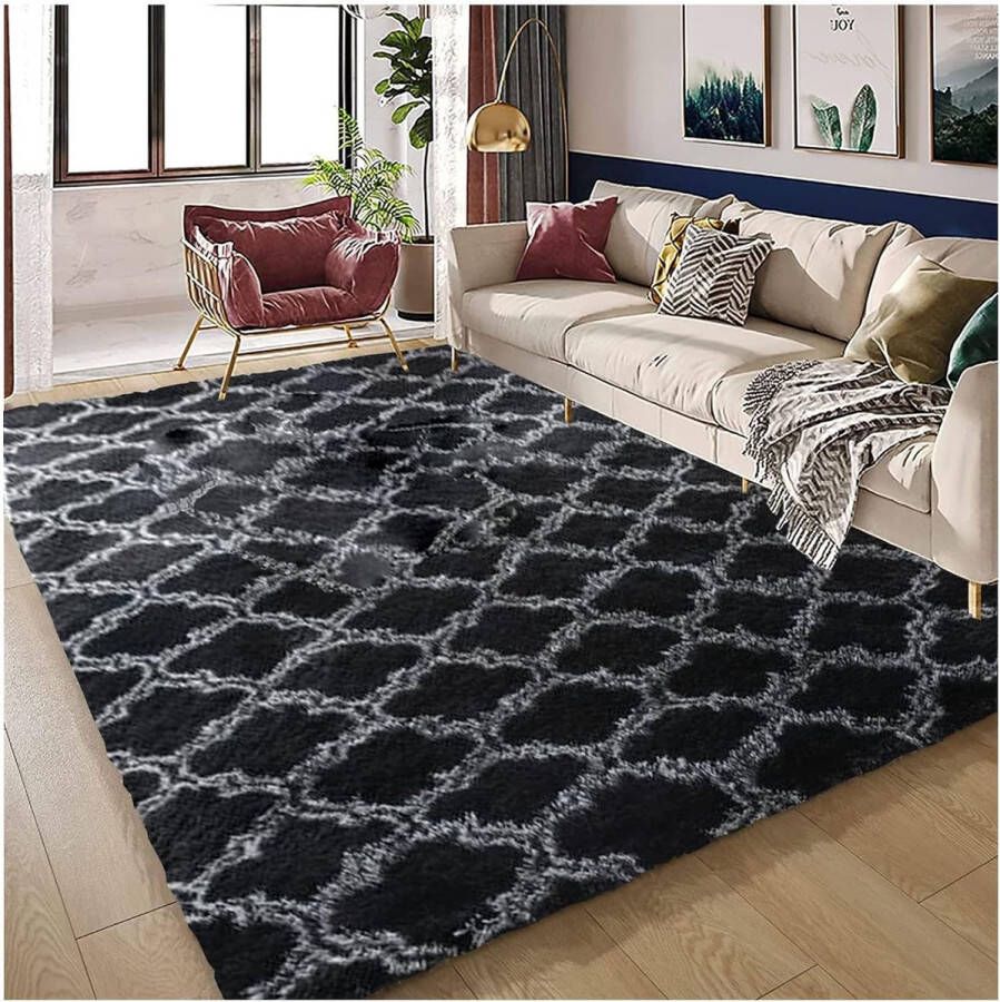 Vloerkleed voor de woonkamer hoogpolig wasbaar 80 x 160 cm modern antislip onderkant tapijt groot voor woonkamer slaapkamer slaapzaal (grijs-wit)