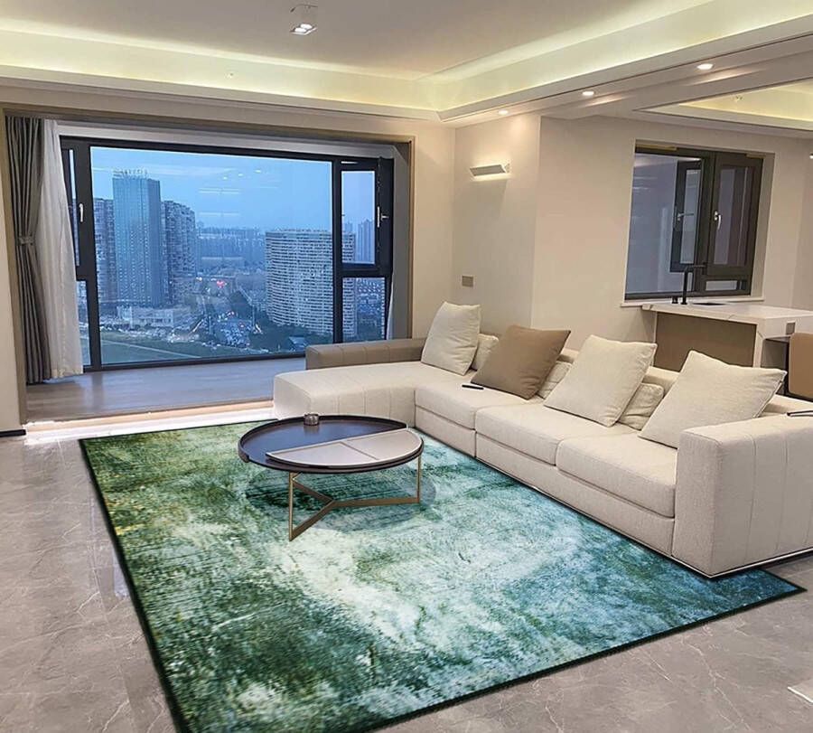 Vloerkleed voor de woonkamer laagpolig 160 x 230 cm modern tapijt voor binnen wasbaar slaapkamertapijt blauw-groen abstract tapijt zacht en onderhoudsvriendelijk antislip onderkant