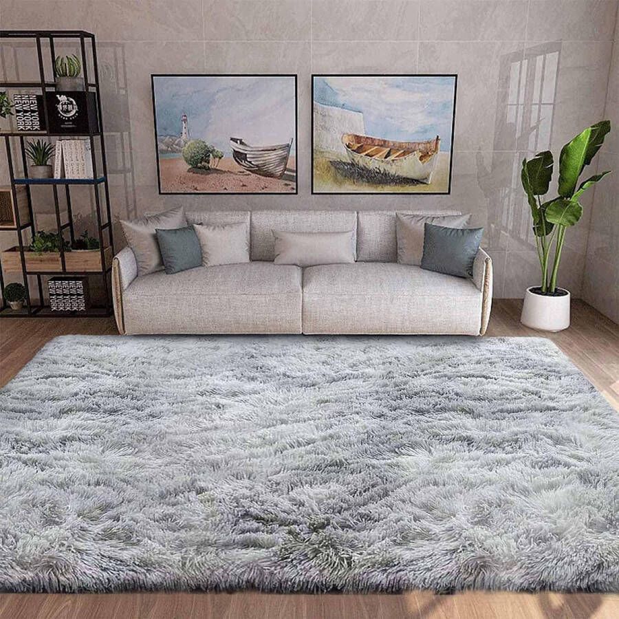 Vloerkleed voor de woonkamer pluizig slaapkamer 120 x 170 cm shaggy zacht modern luxueus bonttapijt voor kinderkamer binnen pluche bonttapijt (grijs wit)