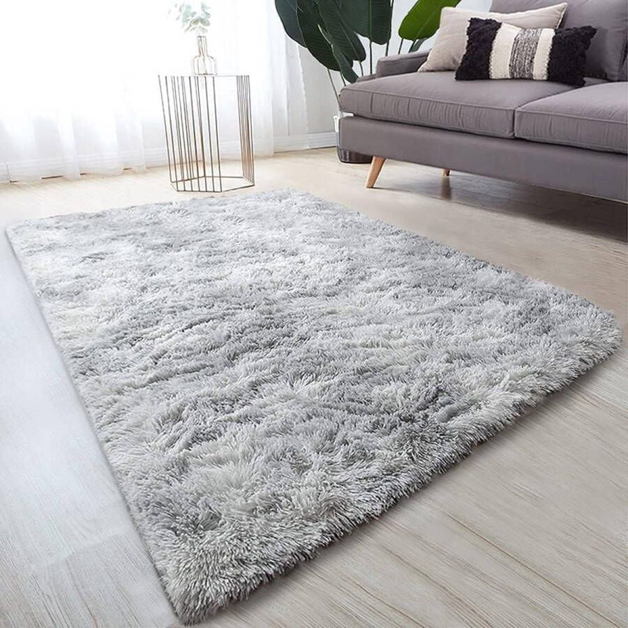 Vloerkleed voor de woonkamer pluizig vloerkleed hoogpolig kleed voor slaapkamer zacht modern luxe bontkleed voor kinderkamer binnen pluche comfortabel vloerkleed voor woondecoratie (170 x 120 cm wit grijs)