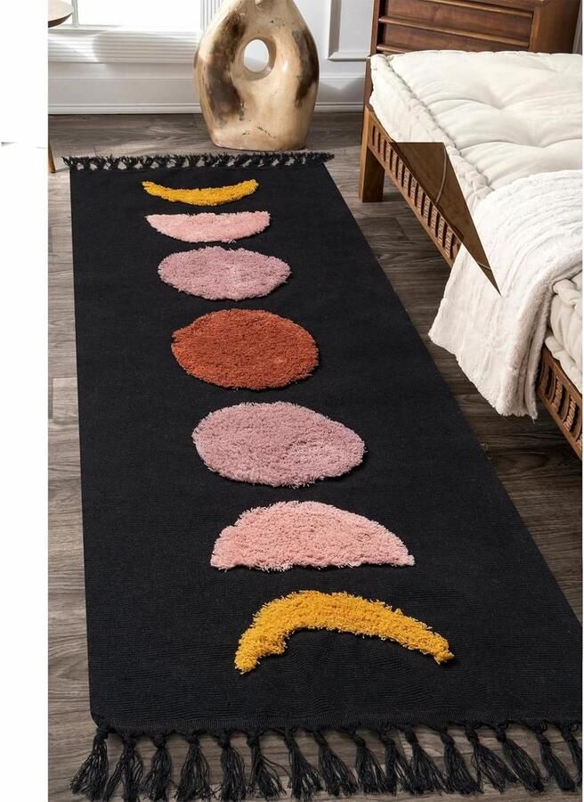 Tapijt Runner Hal 60 x 130 cm Boho Black Moon getuft katoenen tapijt met geweven kwastjes wasbaar tapijt voor badkamer keuken woonkamer slaapkamer hal eetkamer