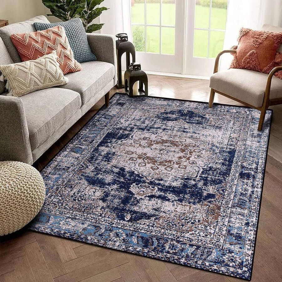Vloerkleed voor in de woonkamer vintage tapijt antislip laagpolig tapijt voor slaapkamer woonkamer eetkamer keuken entree (retro marineblauw 120 x 160 cm)