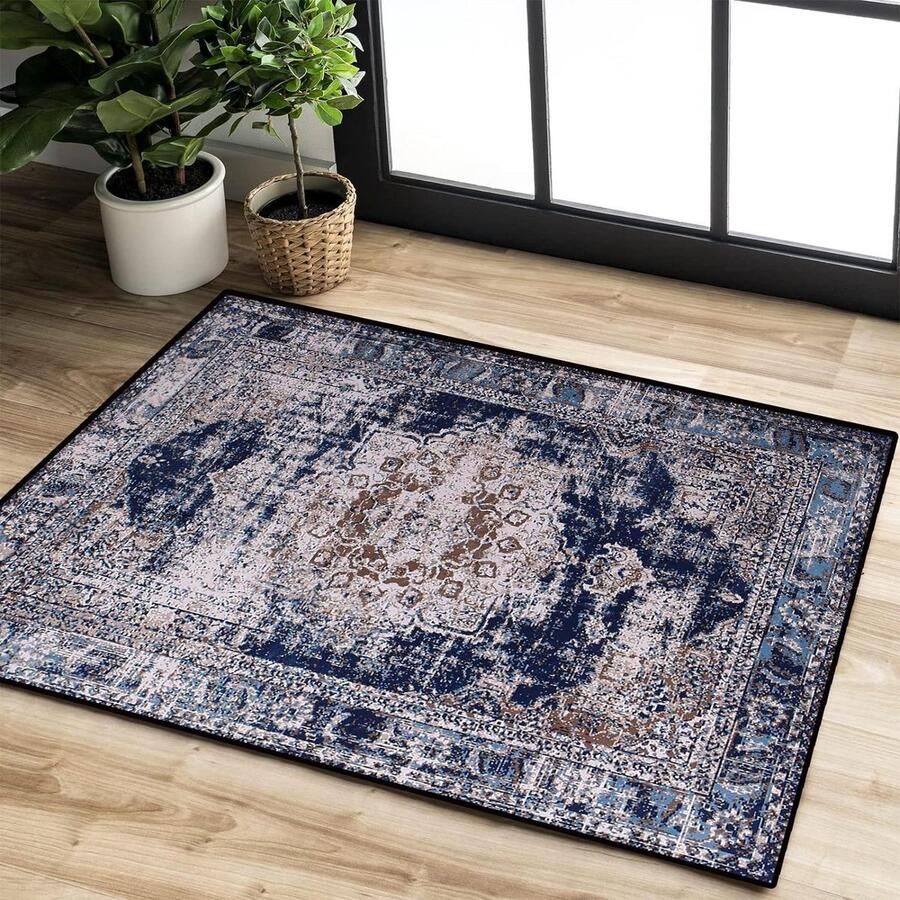 Vloerkleed voor in de woonkamer vintage tapijt antislip laagpolig tapijt voor slaapkamer woonkamer eetkamer keuken entree (retro marineblauw 80 x 120 cm) Tapijt