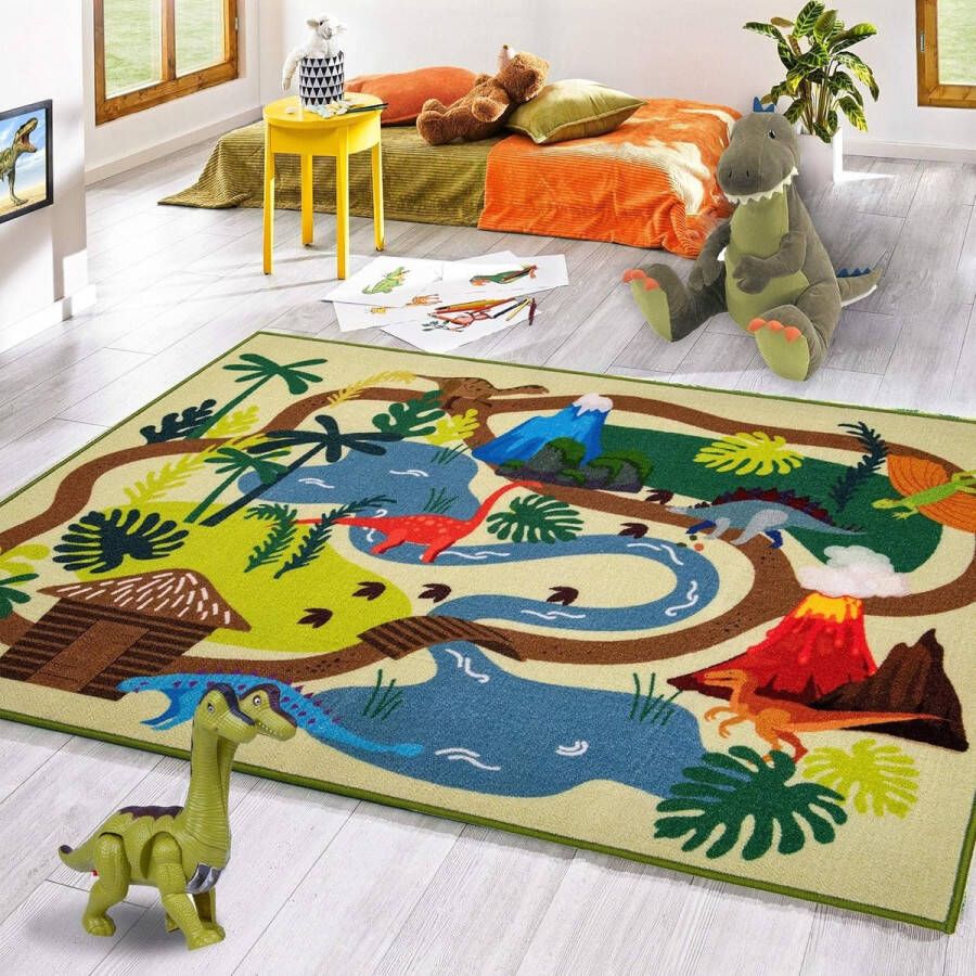 Vloerkleed voor kinderen speelmat dinosaurus 150 x 200 cm kruipdeken kinderkamer tapijt dino speeltapijt wasbaar dino motief laagpolig kleurecht