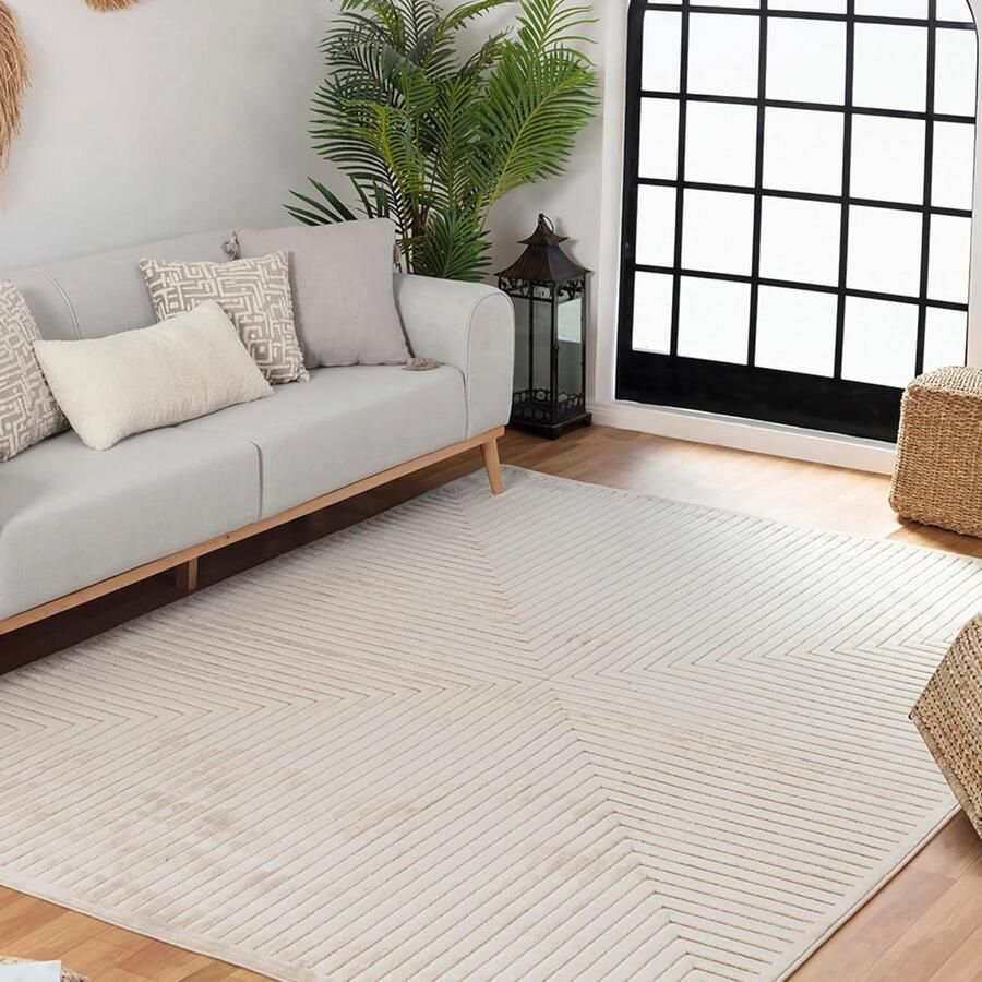 Vloerkleed voor slaapkamer 120 x 170 cm modern boho-tapijt zacht Scandinavisch woonkamertapijt geometrisch patroon beige