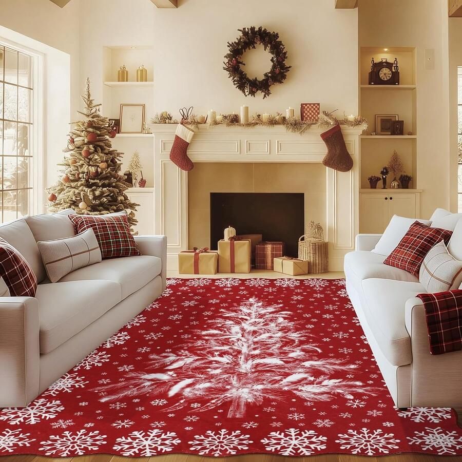 Vloerkleed voor woonkamer 160 x 230 cm kersttapijt rood wasbaar zacht woonkamertapijt kerstboom sneeuw laagpolig voor eetkamer kinderkamer