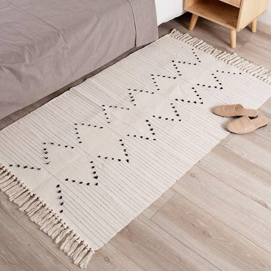 Vloerkleed voor woonkamer boho katoenen geweven tapijten wasbaar loper met kwastjes voor slaapkamer voordeur keuken badkamer 70 x 160 cm (beige)
