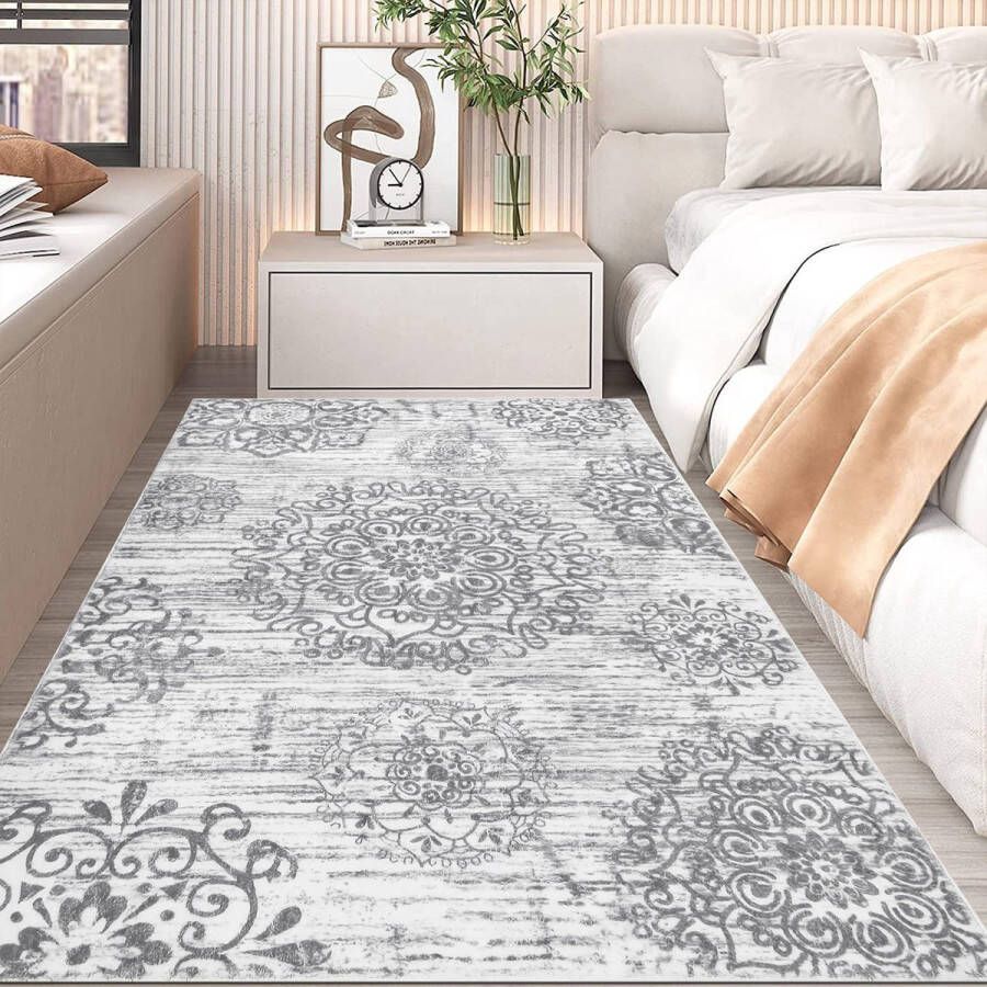Vloerkleed voor woonkamer slaapkamer antislip 90 x 150 cm woonkamertapijt laagpolig grijs wasbaar zacht vintage mandala tapijt kinderkamer eetkamer bedkleed boho geschikt voor