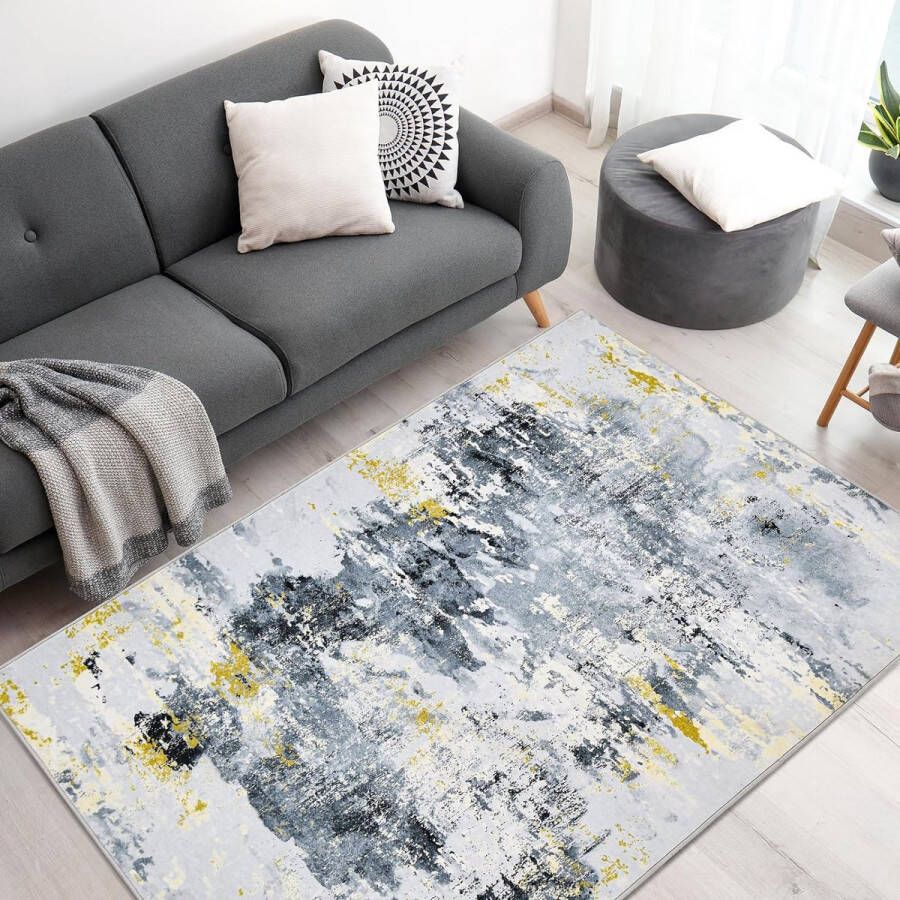 Vloerkleed voor woonkamer slaapkamer laagpolig wasbaar zacht antislip modern abstract design wit-grijs 80 x 150 cm