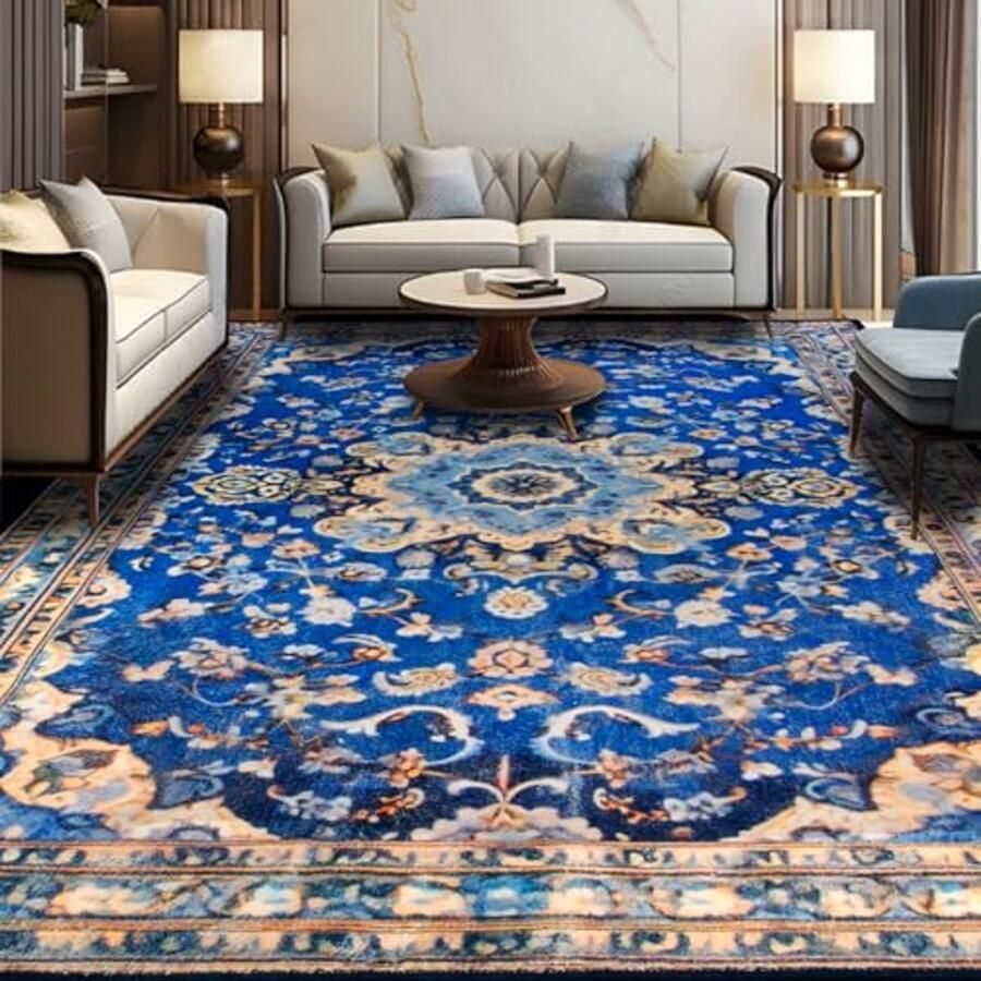 Vloerkleed voor Woonkamer Wasbaar Traditioneel Perzisch Geïnspireerd Blauw Bloemmotief Antislip Achterkant Perfect voor Slaapkamer en Speelruimte