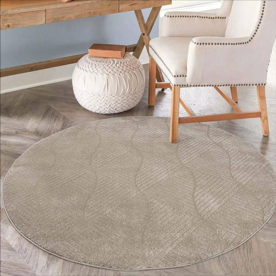 Vloerkleed woonkamer 120 cm rond beige laagpolig 3D-effect glanzend garen geometrisch patroon moderne tapijten slaapkamer hal eetkamer