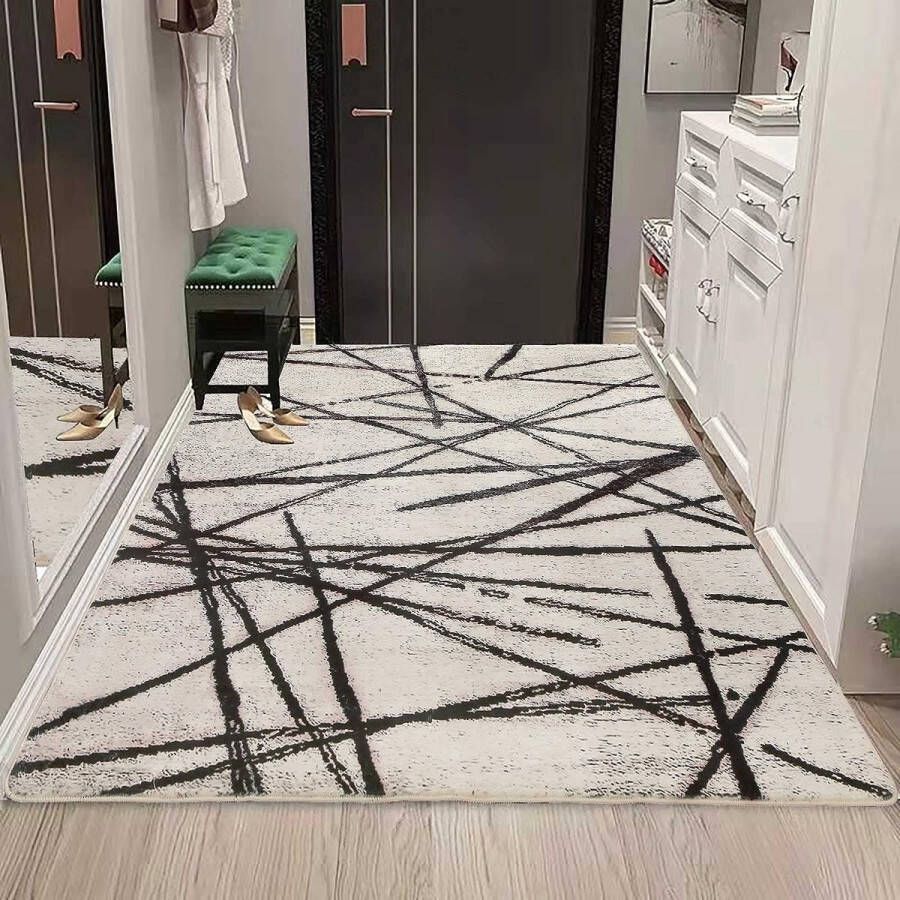 Vloerkleed woonkamer beige slaapkamer tapijt wollig laagpolar tapijt wasbaar tapijt donkerbruin streept tapijt (80 x 120 cm beige)