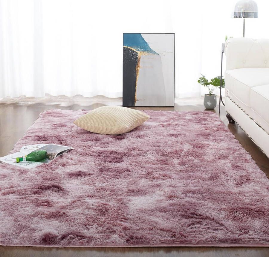 Vloerkleed woonkamer shaggy tapijt hoogpolig roze langpolig tapijt kinderkamer modern batik tapijt jeugdkamer pluizig tapijt groot roze 120 x 180 cm