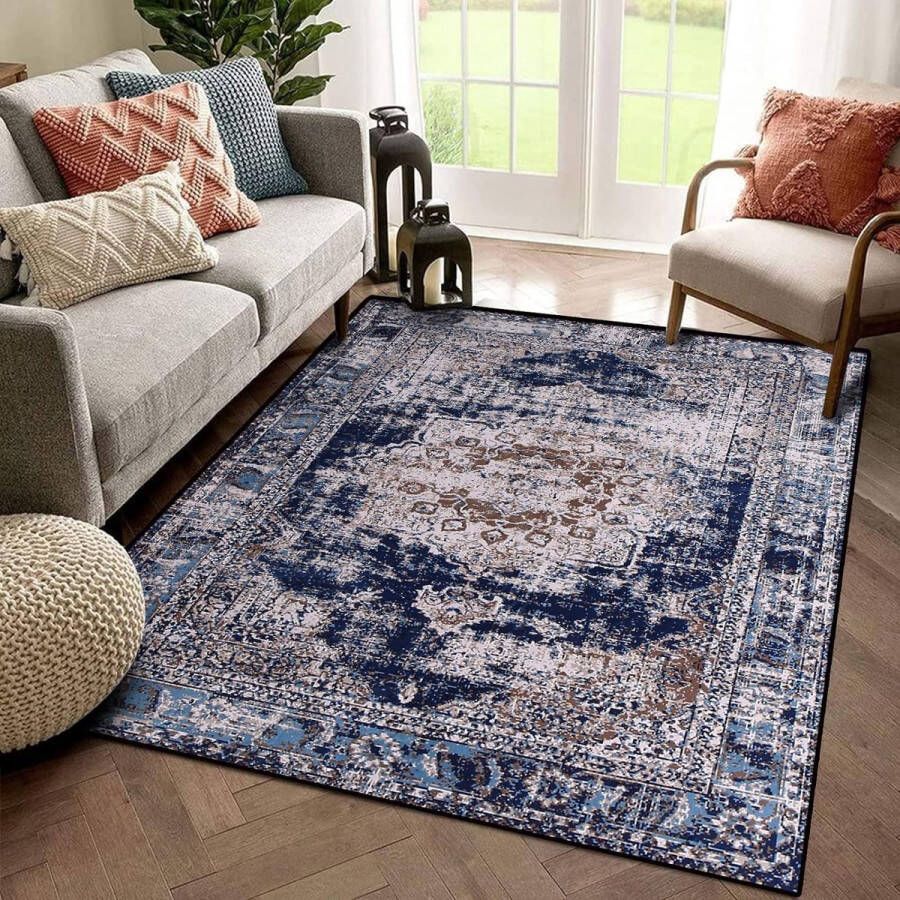 Vloerkleed Woonkamer Vloerkleden Vintage Antislip Laagpolig Tapijt voor Slaapkamer Woonkamer Eetkamer Keuken Entree (Retro Marineblauw 160 x 200 cm)
