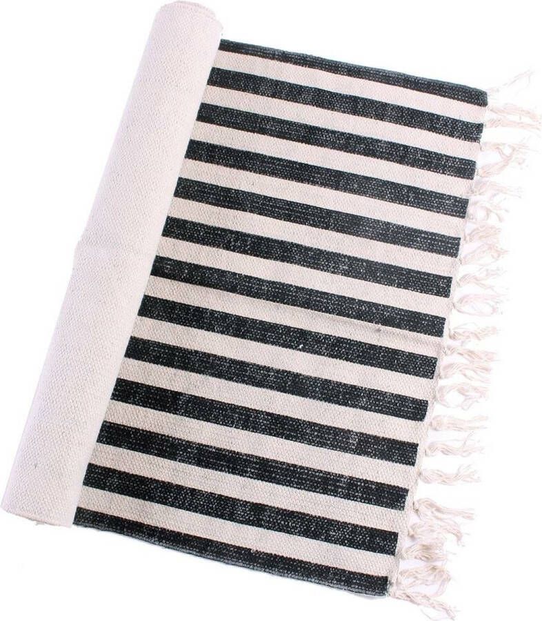 Vloerkleed tafelloper Zwart-Ecru strepen katoen 140 x 70 cm