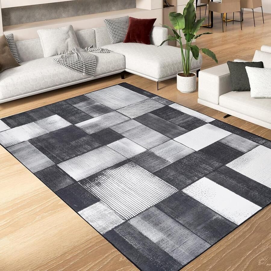 Vloerkleed woonkamer wasbaar antislip 1 stuk zwart grijs polyester 160 x 230 cm