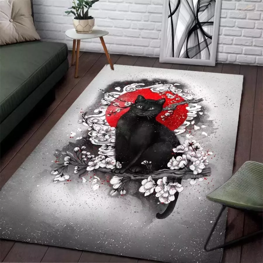 Vloerkleed zwarte kat poes anti-slip tapijt keukenkleed salontafel kleed woonkamer slaapkamer foam 120 x 160 cm