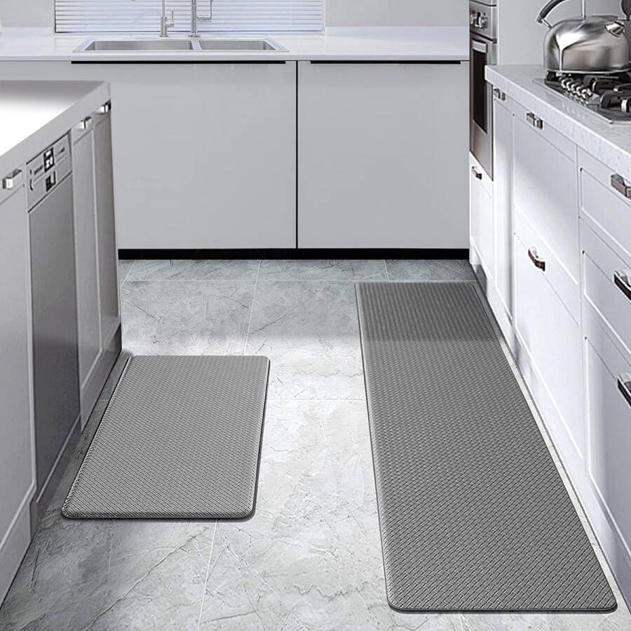Vloermatten set keukenvloermatten wasbaar antislip loper stofdichte voetmat (2 stuks grijs 44 x 75 cm + 44 x 150 cm)