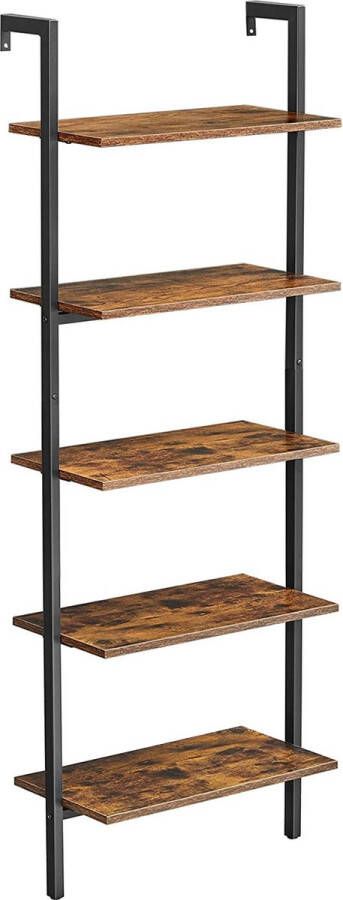 Vloerplank boekenkast ladderplank 5 planken opbergruimte voor boeken decoratie woonkamer kantoor slaapkamer 60 x 30 x 172 cm industrieel ontwerp vintage bruin-zwart LLS102B01