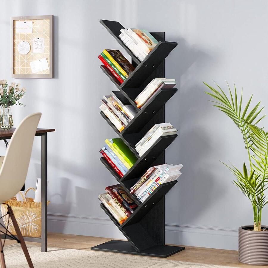 Vloerstaande Industriële Houten Planken Boekenkast Opbergrek voor Woonkamer Thuiskantoor Zwart