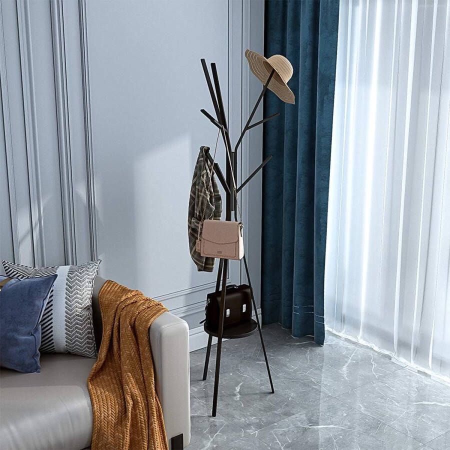 Vloerstandaard gang kledingrek boom zwart 180 cm hoge kleerhanger met plank en 9 haken voor handtassen-jassen-sjaalhouder freestanding metal coat rek boom zwart