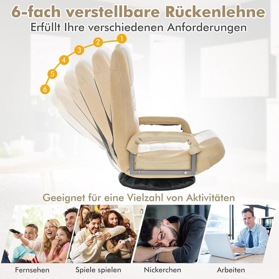 Vloerstoel 360 graden draaibaar vloerstoel met 6-voudig verstelbare rugleuning gamestoel gevoerd vloerbank meditatiestoel tot 140 kg belastbaar Lazy Sofa (beige)