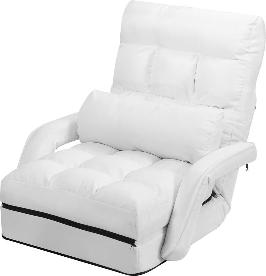 “Vloerstoel met Slaapfunctie – Verstelbare Rugleuning Gevoerde Klapbank met Armleuningen & Kussens Wit”