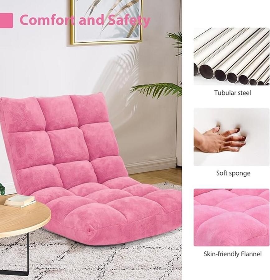 Vloerstoel met verstelbare rugleuning in 14 standen – Opvouwbare corduroy loungestoel ideaal voor lezen meditatie en ontspanning 15 cm dik (roze)