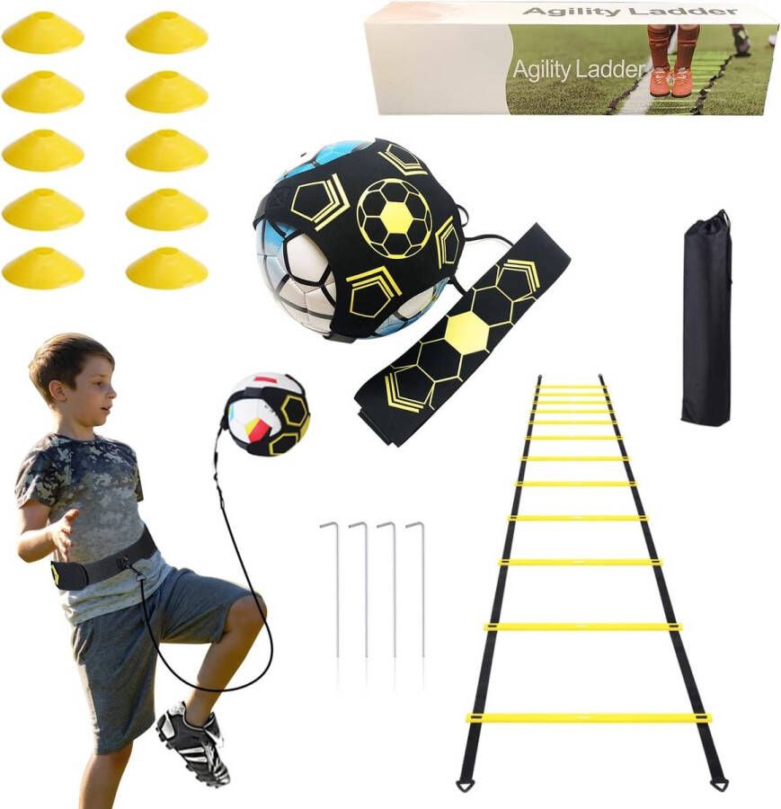 Voetbaltrainingsset voetbalcadeaus jongens coördinatieladder 6 m trainingsladder & 10 hoedjes solo voetbal kicktrainer met verstelbare heupgordel behendigheid speedladder