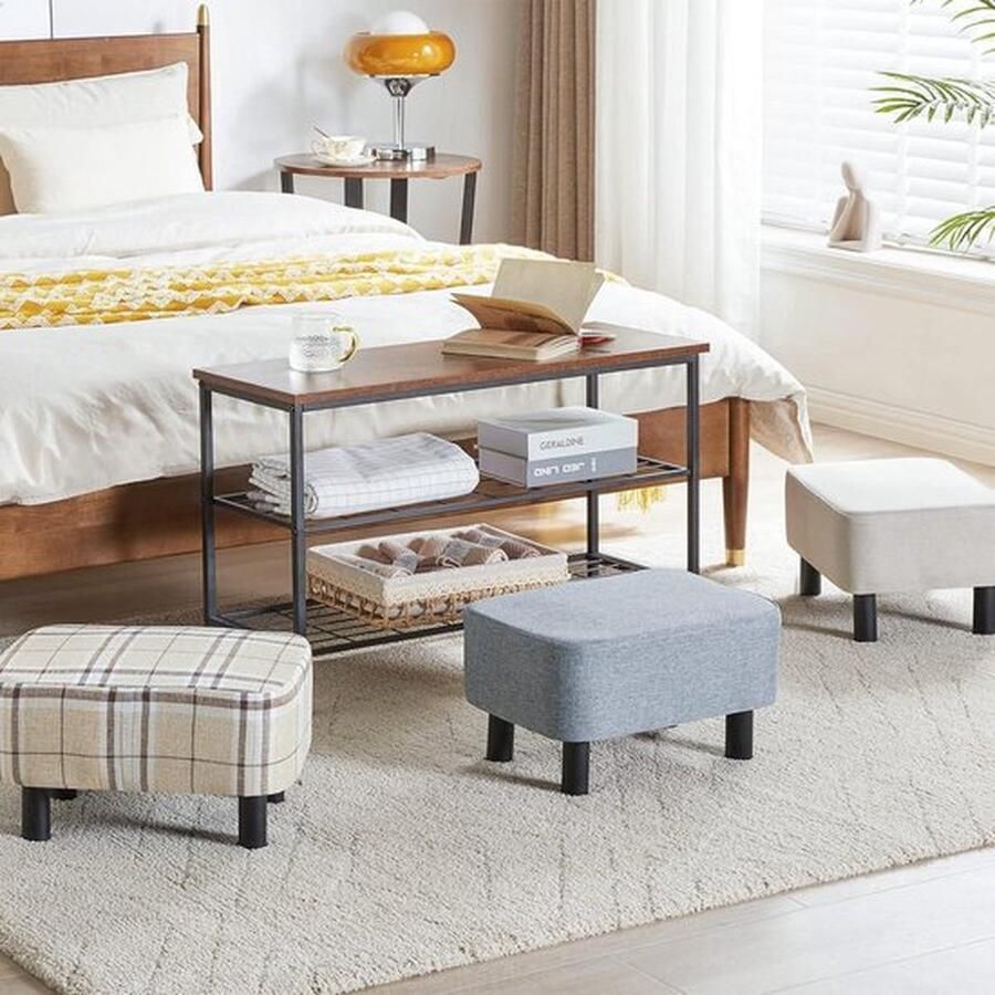 Voetenbank 42 cm rechthoekige poef met houten poten moderne linnen stof voetsteun voor woonkamer en slaapkamer gestreept HD-HRF-BD215