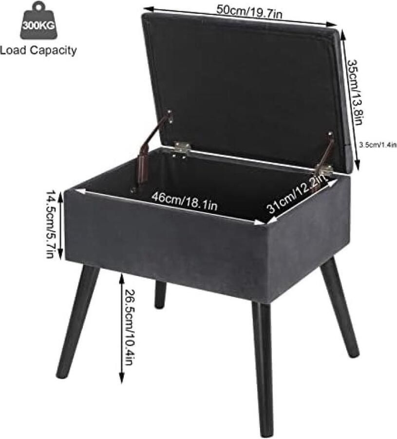 Voetenbank Opbergbank in Fluweel en voeten in massief hout Ottomaanse Opbergpoef opbergkruk 50x35x45cm