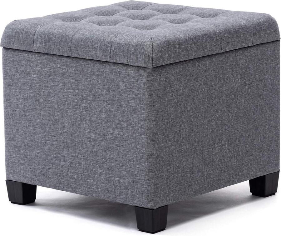 Voetenbank opbergdoos 45 cm kubus sterk houten frame linnen speelgoedkist kledingstoel slaapkamer grijs