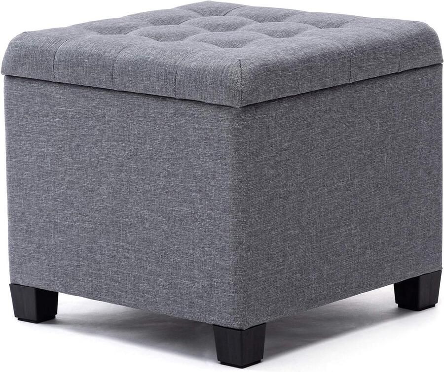 Voetenbank opbergdoos 45 cm kubus sterk houten frame linnen woonkamer speelgoedkist kledingstoel stoel met deksel slaapkamer grijs