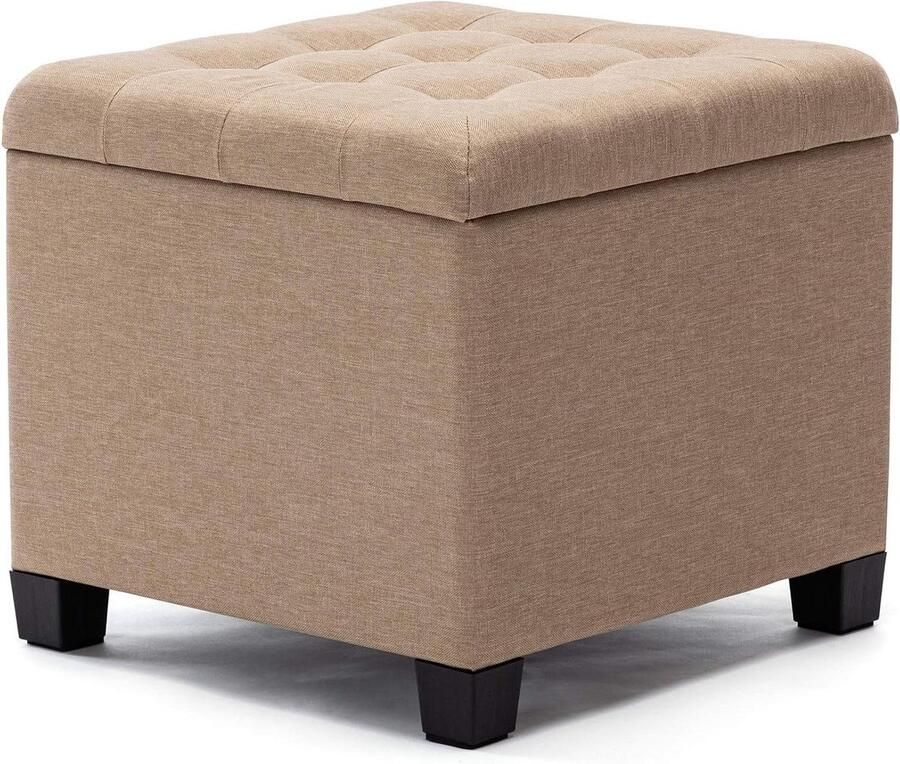 Voetenbank opbergdoos 45 cm kubus sterk houten frame linnen woonkamer speelgoedkist kledingstoel stoel met deksel beige opbergpoef voor slaapkamer