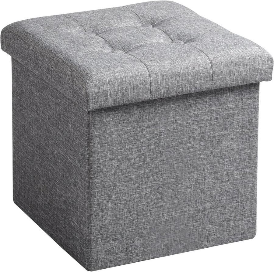 Voetenbank Poef met deksel Opbergkruk in Linnen Opvouwbaar 375x375x38cm Lichtgrijs SH06hgr-1