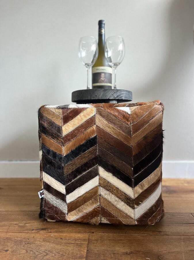 Voetenbank-rechthoekige kruk koeienhuid-leer-patchwork-kruk-zwart-wit-bruin