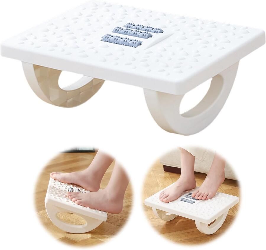 Voetenbank voor op kantoor Schommelende voetenbank met rolmassage Voorkomt dat de benen elkaar kruisen Voetmassagesteun Verlicht stress door zitten Geschikt voor kantoor en thuis Wit
