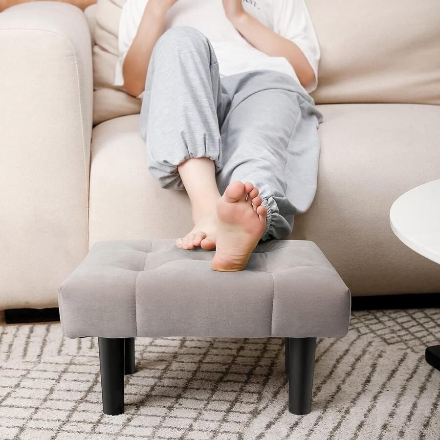 Voetenbank met Fluwelen Bekleding en Houten Poten Comfortabele Opstapkruk 37 x 25 5 x 23 cm