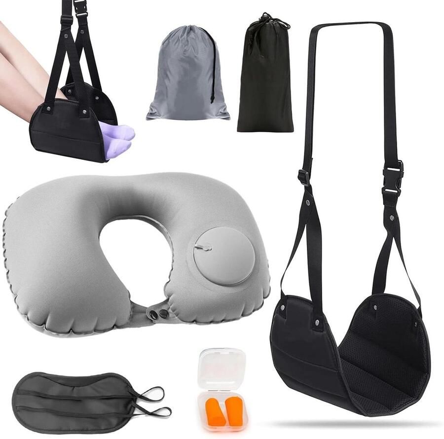 Voetensteun en reiskussen set verstelbare voetenhangmat met slaapmasker en oordopjes draagbaar en ideaal voor vliegtuig kantoor en auto (zwart)