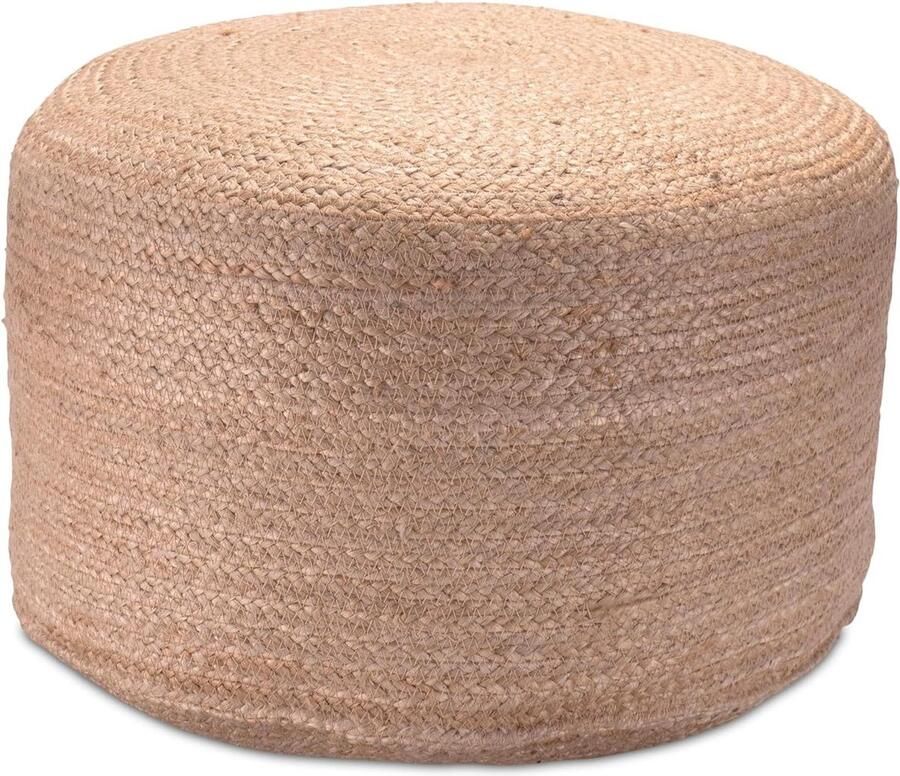 Gevlochten jute zitpoef in boho-stijl rond voetenbank of voetensteun