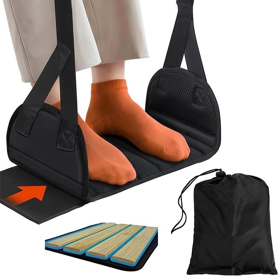 Allecto Plus Draagbare voetensteun voor vliegreizen Brede voethangmat met harde plaat Comfortabel en verstelbaar Ideaal voor lange vluchten