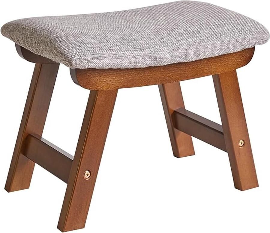 Voetkruk voetenbankje lage poef stoffen bankkruk 4 beukenpoten geschikt voor slaapkamer woonkamer en keuken bruin been + grijs kussen