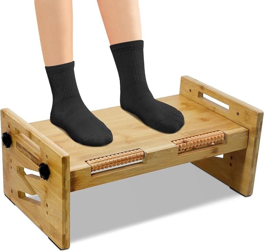 Voetsteun Holidi voor onder het bureau op het werk grotere maat hout verstelbaar met massageroller ergonomisch kantoor 5 hoogteposities thuiswerken Foot rest