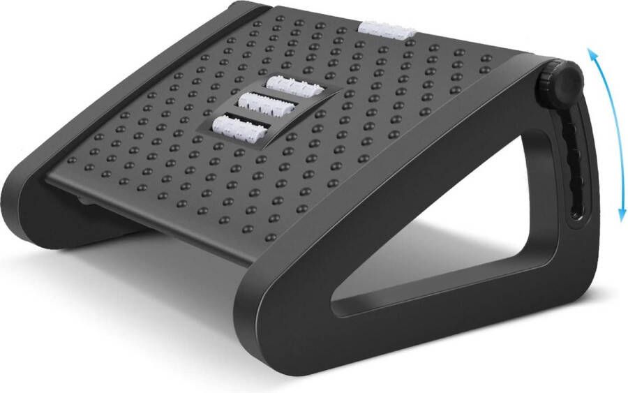 Voetsteun onder bureau met massagerol gemakkelijk instelbaar in zes verschillende hoogtes om aan je verschillende hoekbehoeften te voldoen ideaal voor thuis kantoor en reizen