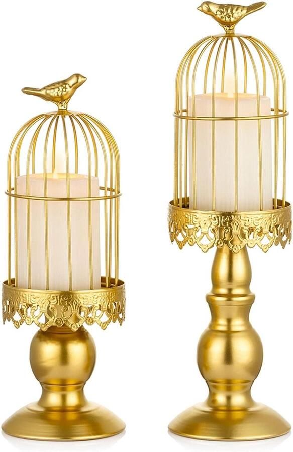 Vogelkooi Kaarsenhouder Gouden Vintage Set van 2 Bruiloft Centerpieces Tafels Iron Shabby Chic Pijler voor Party Baby Shower