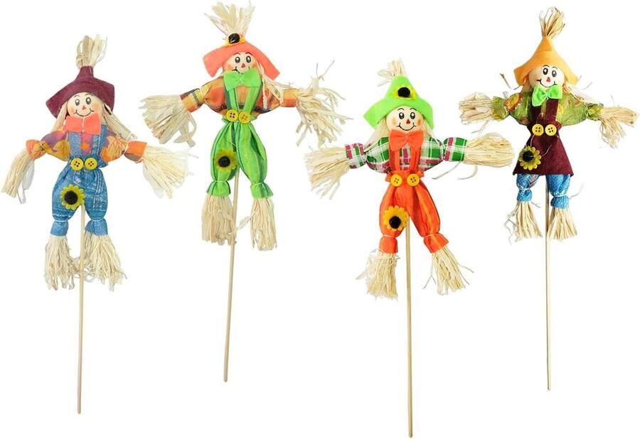 Vogelverschrikker Decoratie Halloween Herfstdecoratie Buiten Vogelverschrikker voor Herfst Bloempotten Tuindecoratie Feestdecoratie (Willekeurige Kleur) Set van 4