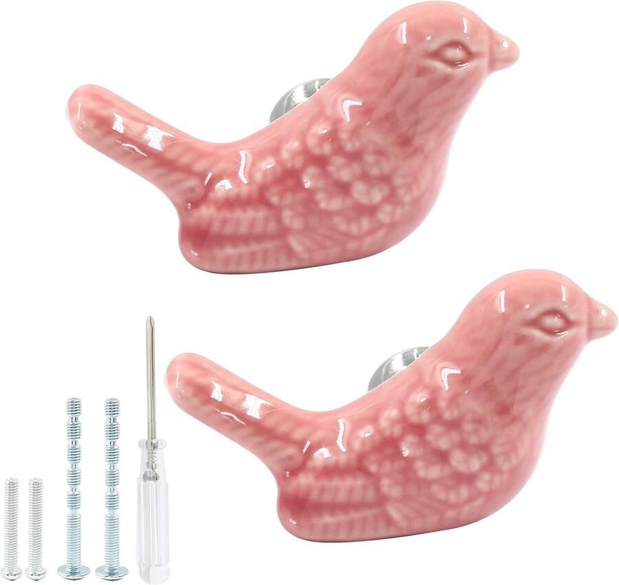 Vogelvormige keramische knoppen 2-pack roze schattige kastgrepen voor dressoirs lades kasten met montageschroeven en schroevendraaier