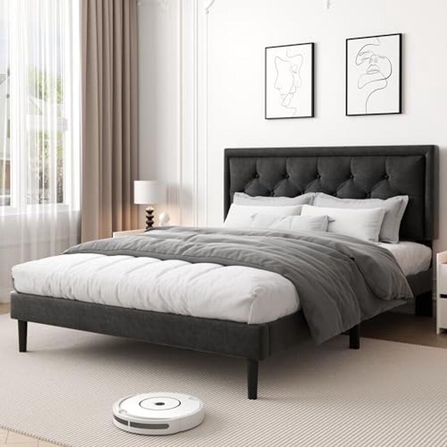 Volledig formaat bedframe met fluwelen hoofdeinde modern gestoffeerd platformbed eenvoudig te monteren geen boxspring nodig zwart
