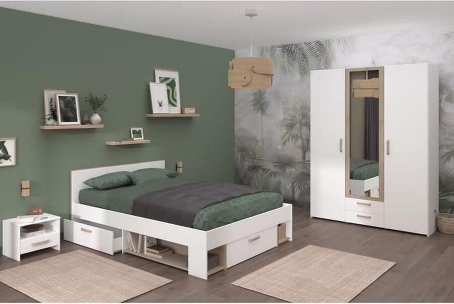 Volledige volwassen slaapkamer DREAM bed 140x190 200 cm + 2 nachtkastjes + kledingkast Wit en eiken decor PARISOT